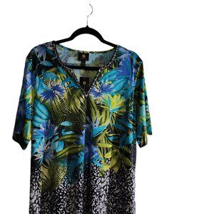 Women’s JM Collection 1X Plus Lime Green, Black, Blue, Rhinestone V-Neck Blouse